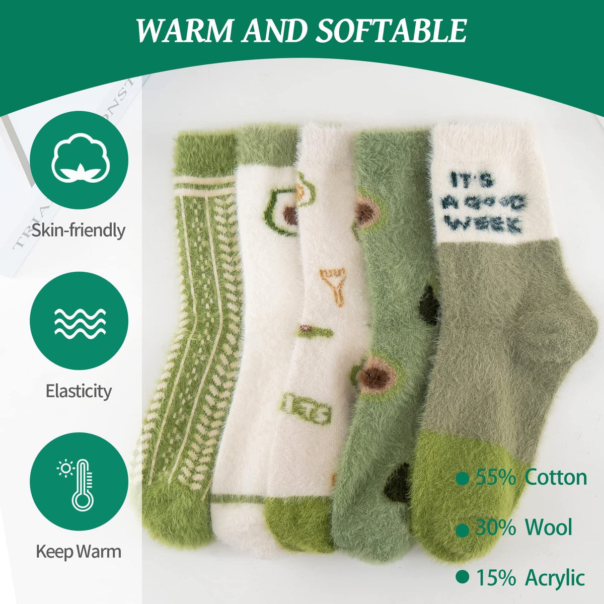 KASTWAVE Colorful Women's Wool Socks - 5 Pairs of Fun, Soft, and Warm Patterned Novelty Socks for Cozy Comfort