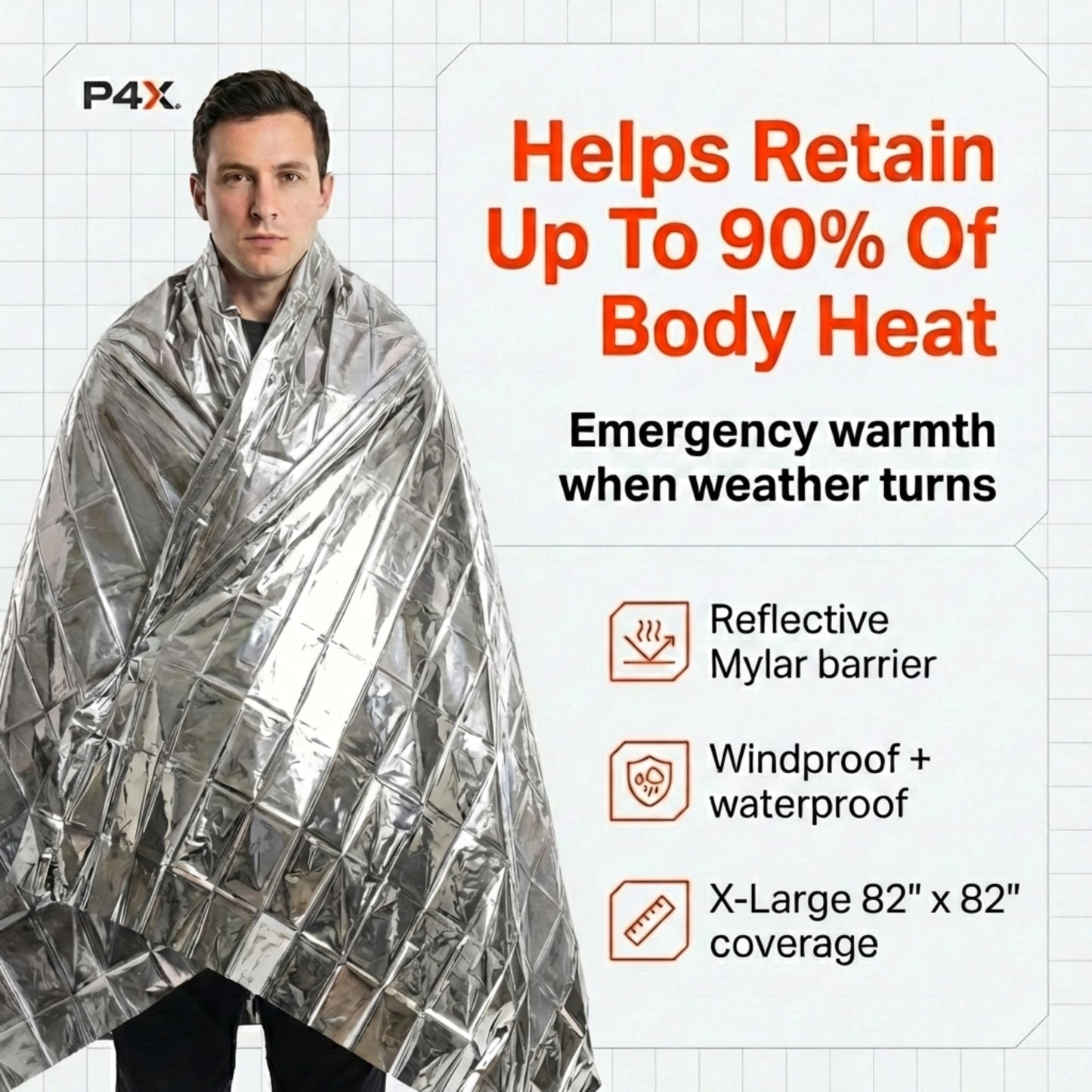 PREPARED4X 8-Pack Large Mylar Emergency Blanket - Mylar Blankets Survival Thick Reusable - Waterproof, Rip, and Tear Resistant Survivalist Gear - Emergency Thermal Blanket for Outdoors 82"x82"