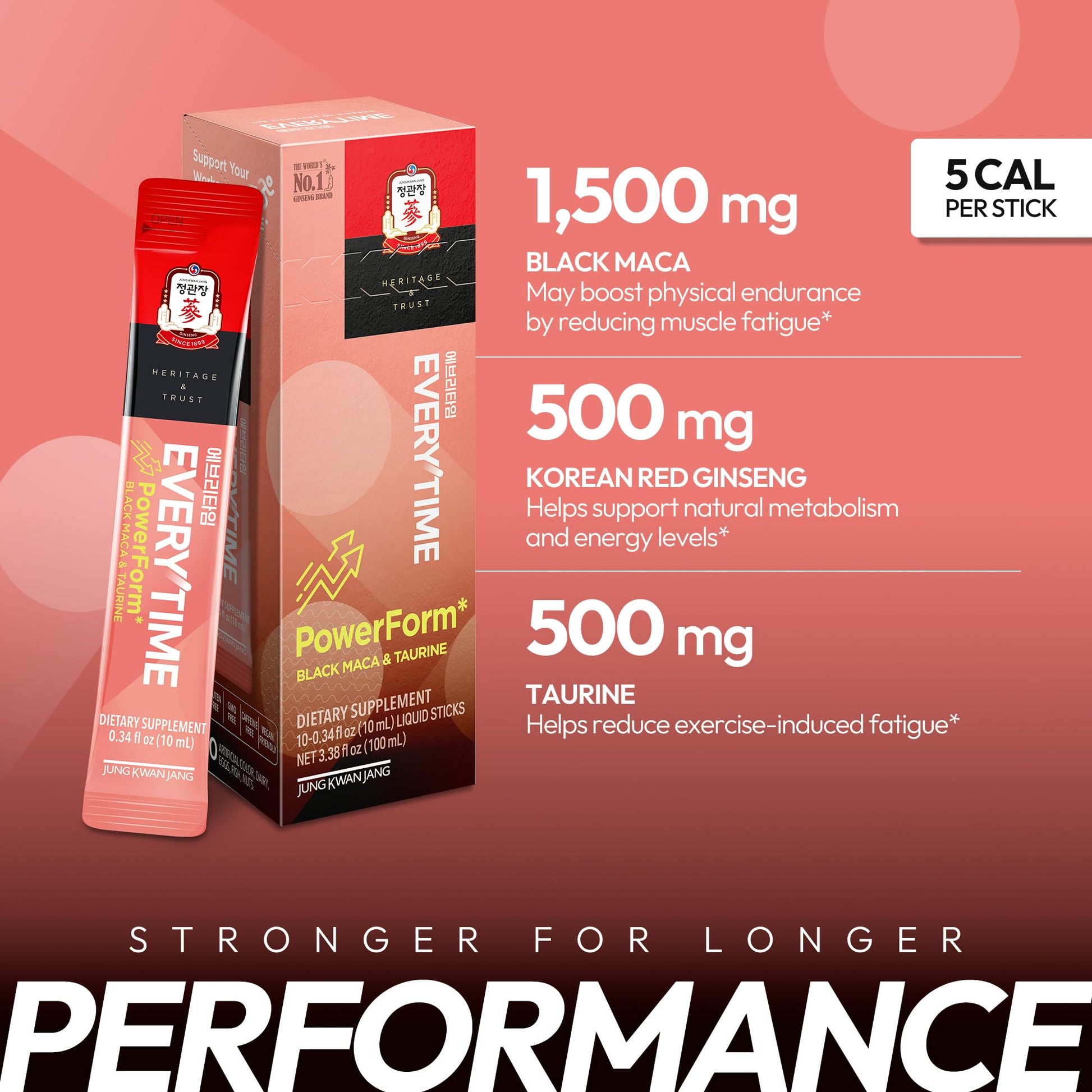 JUNG KWAN JANG US Everytime PowerForm - Intra Workout Herbal Energy Drink Packets with Korean Red Ginseng, Black Maca Root & Taurine - Non GMO (0.33 fl oz, 10 Sticks) - Medaid International