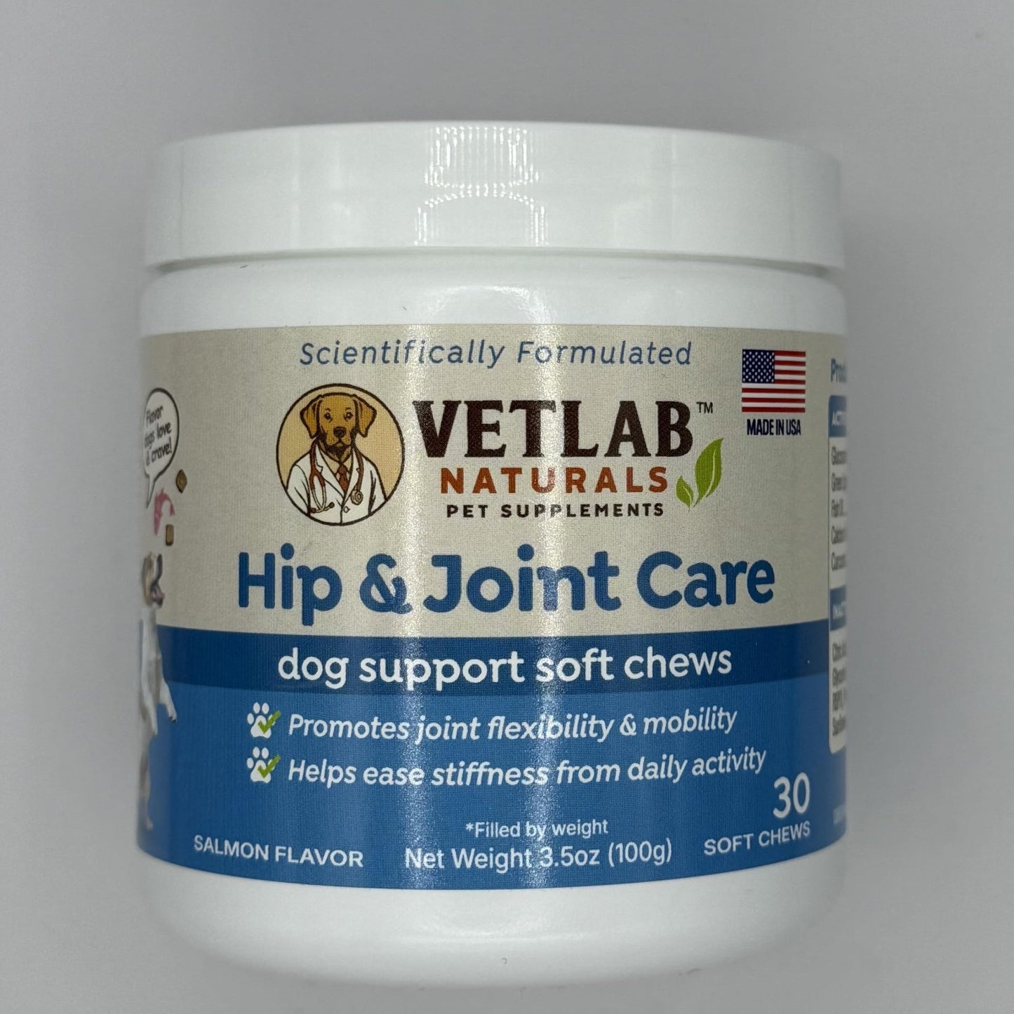 VetLab Naturals Hip & Joint Care Dog Supplement, Salmon Flavor Soft Chews with Glucosamine, Green Lipped Mussel, Fish Oil, Curcumin, Calcium Fructoborate – 30 Soft Chews3.5oz