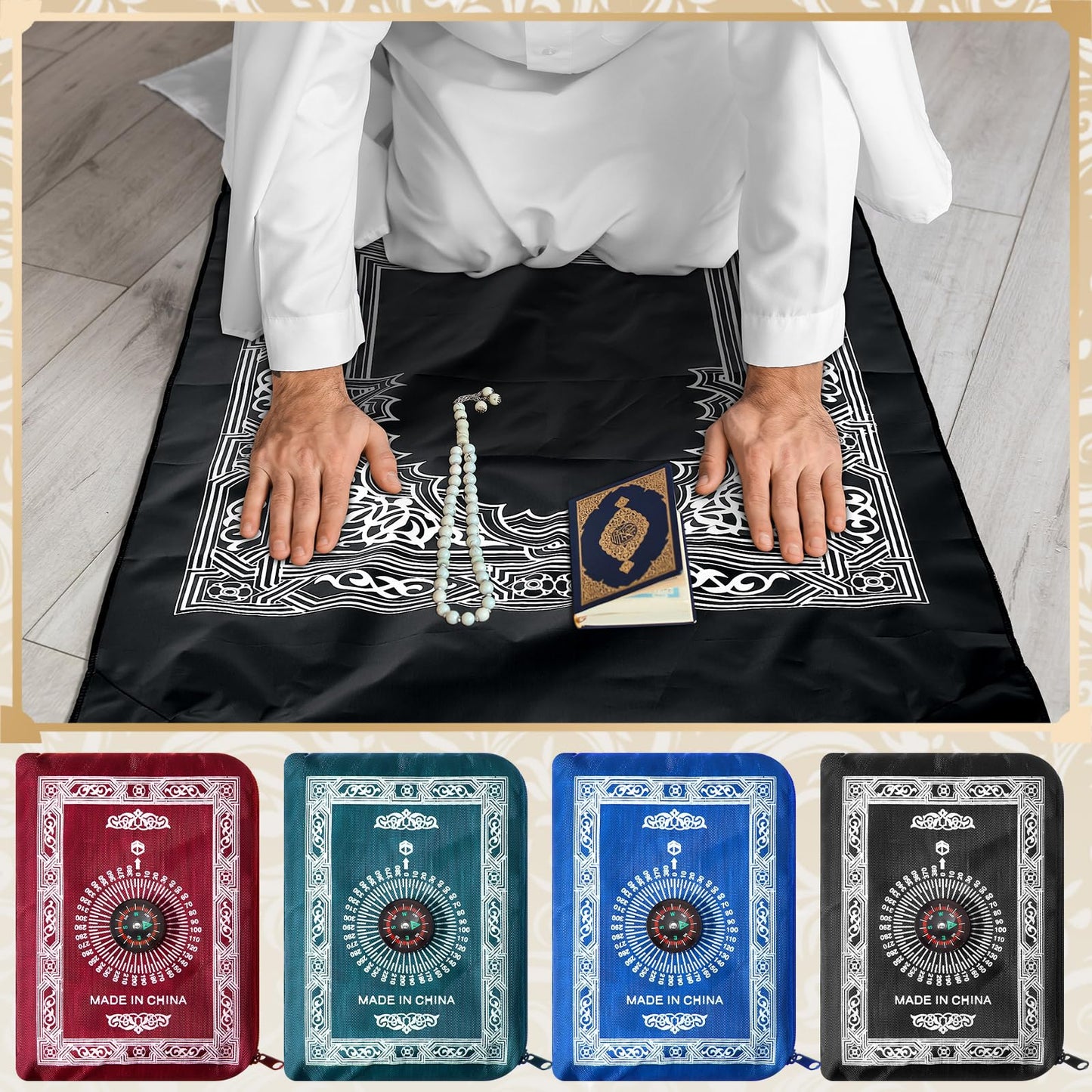 Mindsoft 16 Pcs Portable Travel Prayer Mat with Compass Islamic Waterproof Polyester Praying Rug with Pocket Sized Carry Bag for Muslim Ramada Eid Gifts (60 cm x 100 Cm) - Medaid International