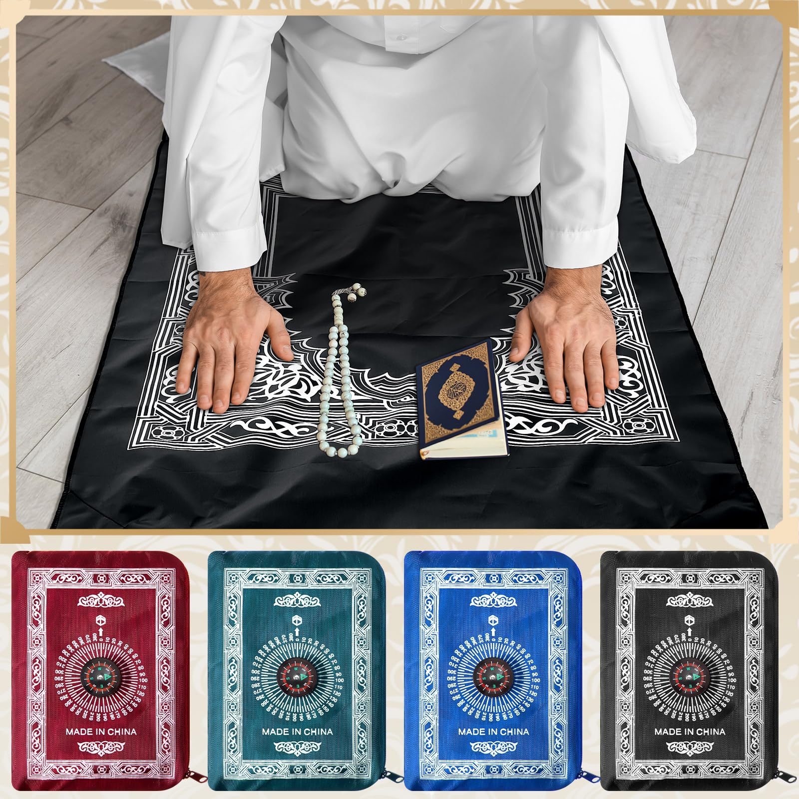 Mindsoft 16 Pcs Portable Travel Prayer Mat with Compass Islamic Waterproof Polyester Praying Rug with Pocket Sized Carry Bag for Muslim Ramada Eid Gifts (60 cm x 100 Cm) - Medaid International