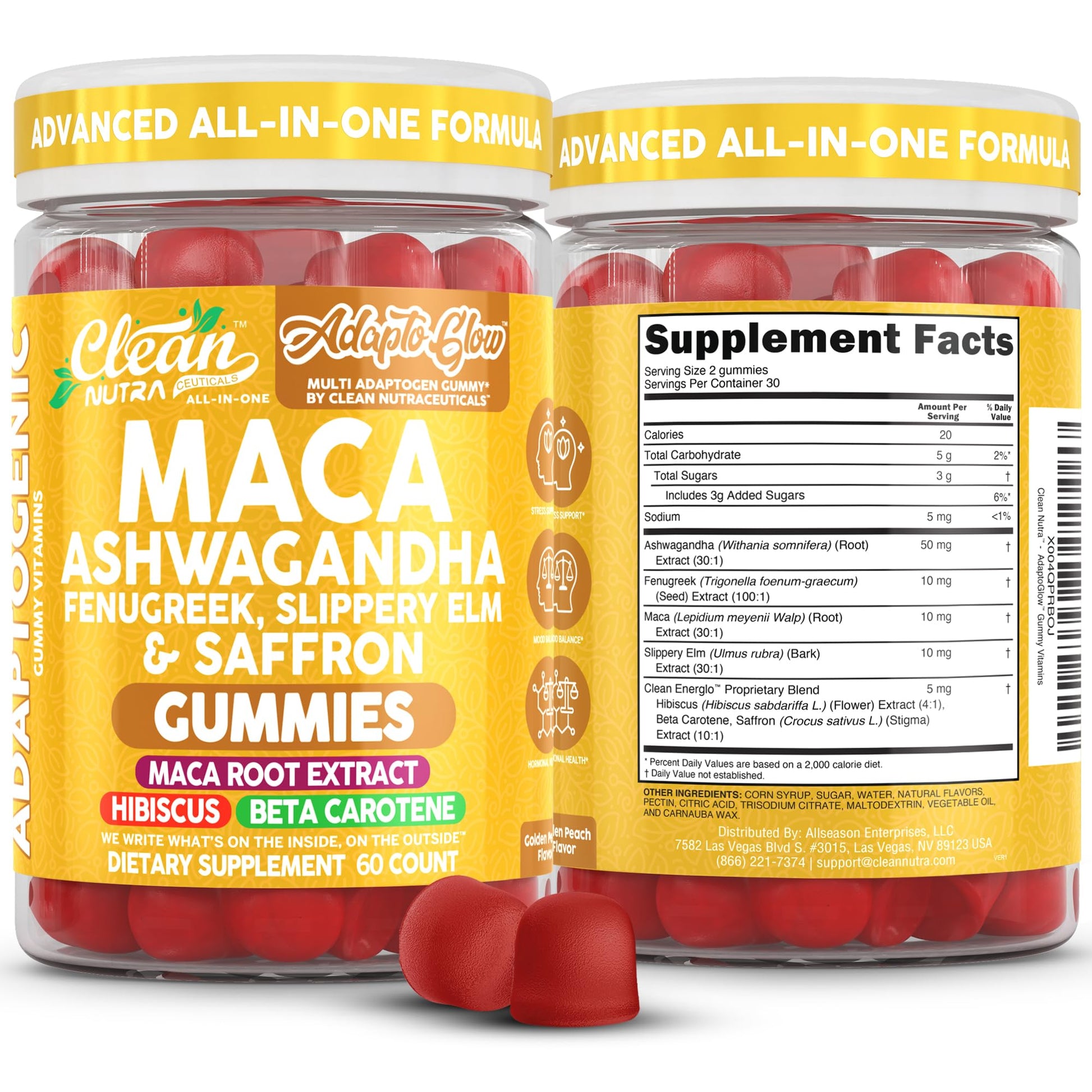 Clean Nutra Maca Root Gummies Ashwagandha Fenugreek Slippery Elm Saffron Hibiscus Beta Carotene Vitamin A for Women Macaroot Extract 60 Gummies Vegan Adaptogen Supplement Gummy Non GMO - Medaid International