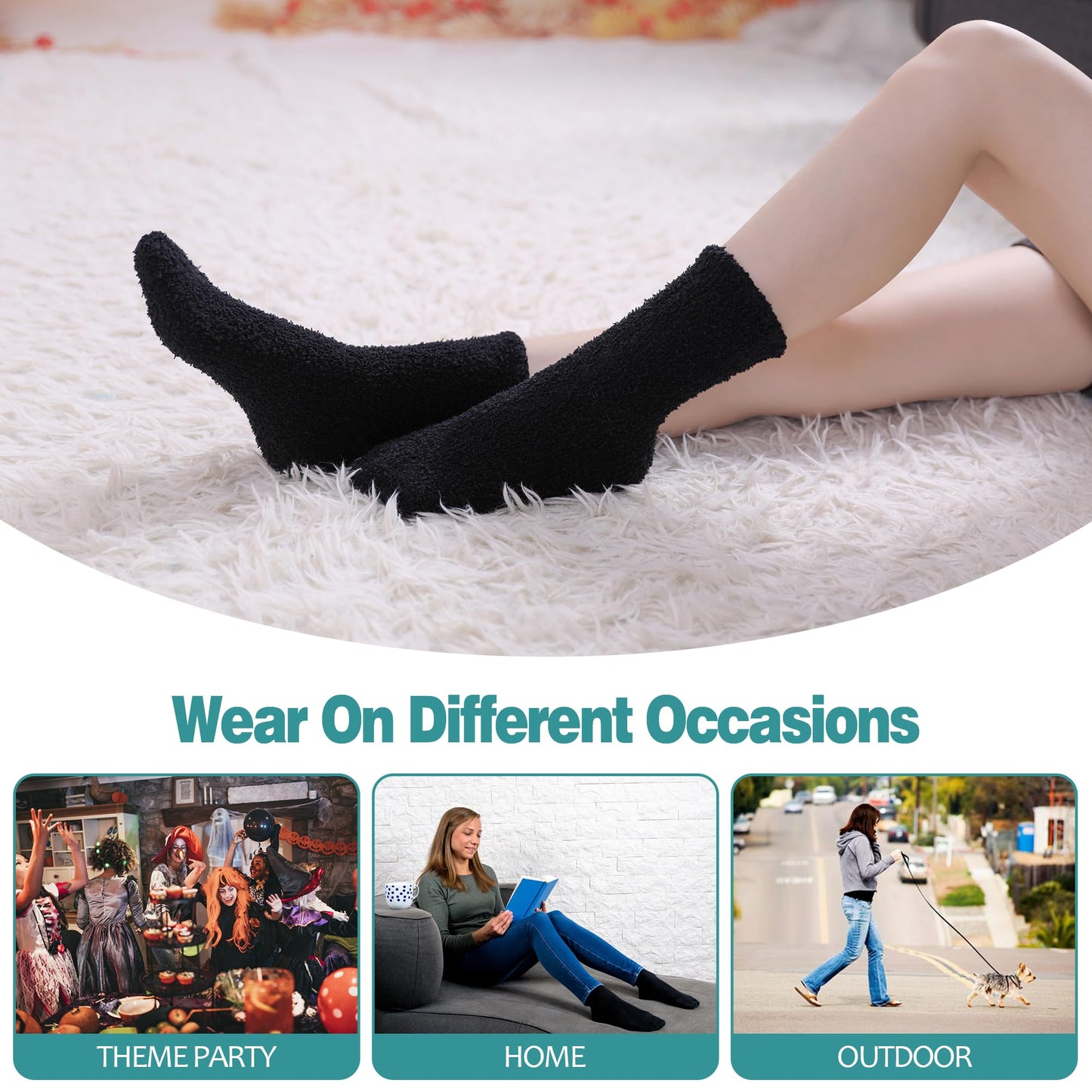 POEATEZO Womens Fuzzy Socks Cozy Fluffy Winter Cabin Slipper Warm Soft Microfiber Plush Home Sleeping Socks (5 Pairs Classic Black) - Medaid International
