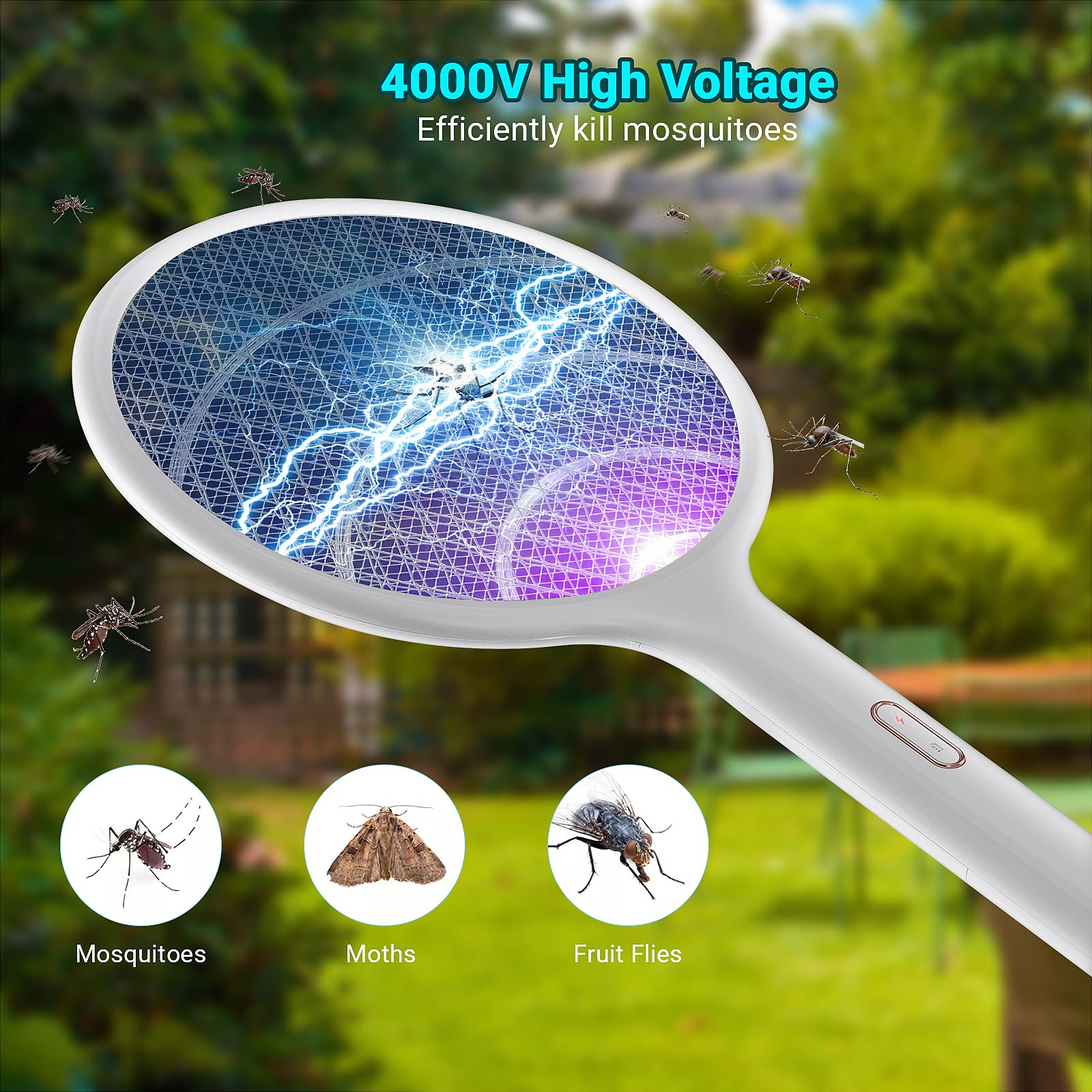 YISSVIC Electric Fly Swatter 4000V Bug Zapper Racket Dual Modes Mosquito Killer with Purple Mosquito Light Rechargeable Base for Indoor and Outdoor Home Office Backyard Patio Camping (1 Pack) - Medaid International