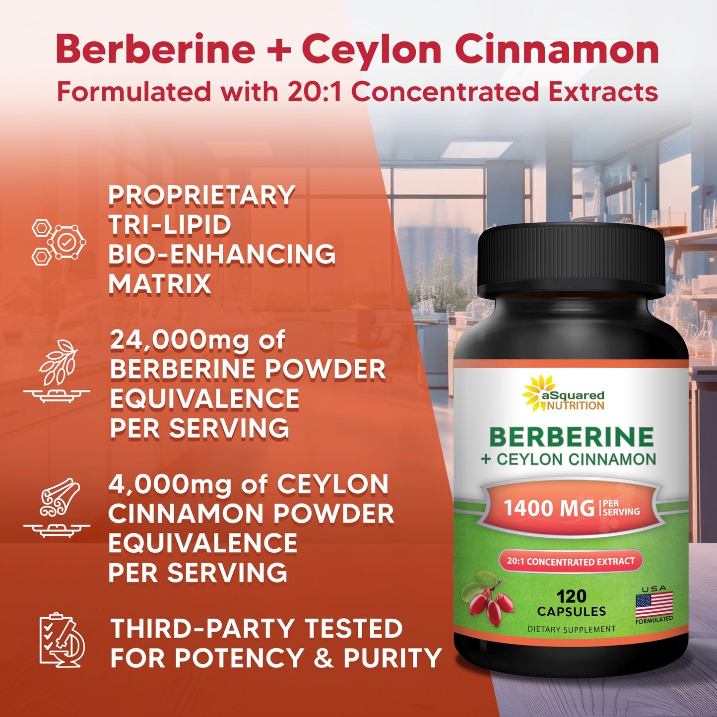 aSquared Nutrition Berberine with Ceylon Cinnamon Supplement - 1400mg Max Strength Complex - 120 Capsules - 1200mg HCl Powder Extract Plus Pills - Alternative to Gummies & Drops - Medaid International