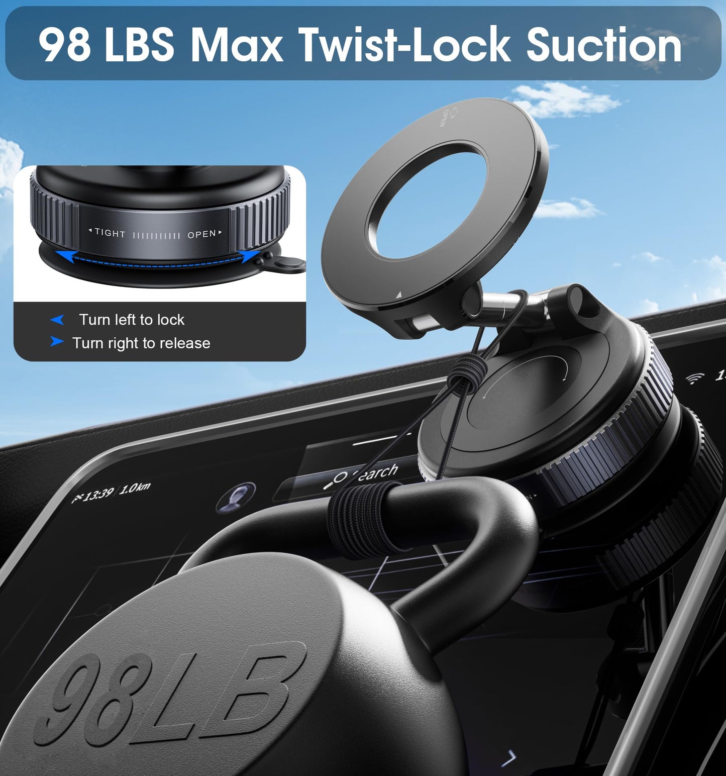 REOKILY 2026 Upgraded Vacuum Magnetic Car Phone Holder 360° Reinforced 96LBS Ultra Suction Cup Phone Mount for MagSafe Cell Phone Holders for Your Car/Gym/Mirror Mount for iPhone & Android - Medaid International