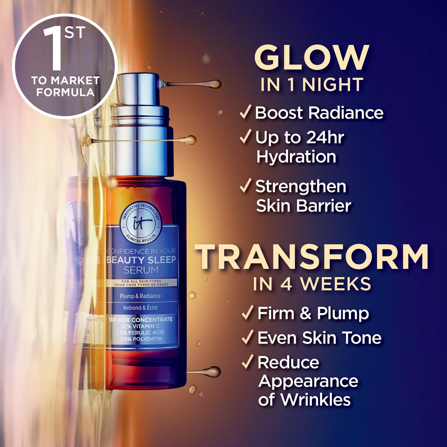 IT Cosmetics Confidence in Your Beauty Sleep Triple Antioxidant Brightening Serum – 24HR Hydration – Anti-Aging – 12% Vitamin C Serum - Fragrance Free – All Skin Types, 1.0 fl. Oz - Medaid International