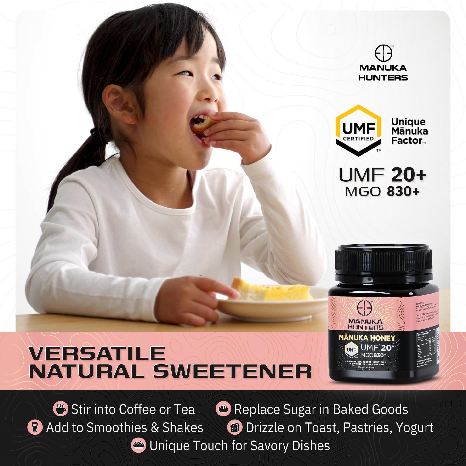 Manuka Hunters UMF 20+/MGO 830+ Certified New Zealand Manuka Honey - 100% Pure Natural Sweetener - Gluten, Dairy Free - Ideal for Tea, Coffee, Smoothies, and Baking - Sustainable - 8.8oz/250g Jar - Medaid International