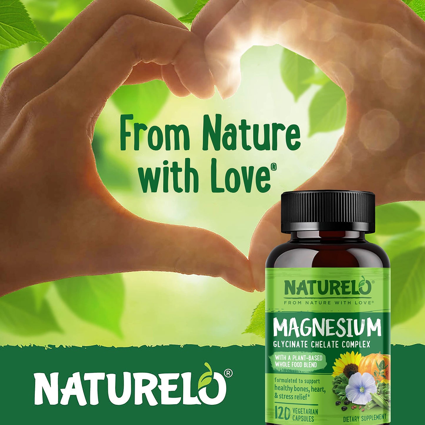 NATURELO Magnesium Glycinate Chelate Complex - 200 mg Magnesium with Organic Vegetables to Support Sleep, Calm, Muscle Cramp & Stress Relief - Gluten Free, Non GMO - 120 Capsules - Medaid International