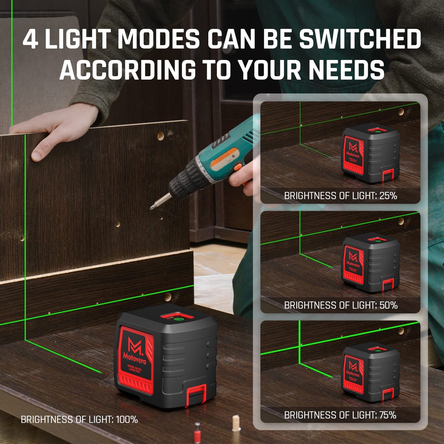 Motovera Laser Level, 100 feet Self Leveling Laser Level, Green Cross Line Rotary Lasers, 4 Brightness Adjustment, Manual Self leveling and Pulse Mode, IP54 Waterproof Battery Carrying Bag Included - Medaid International