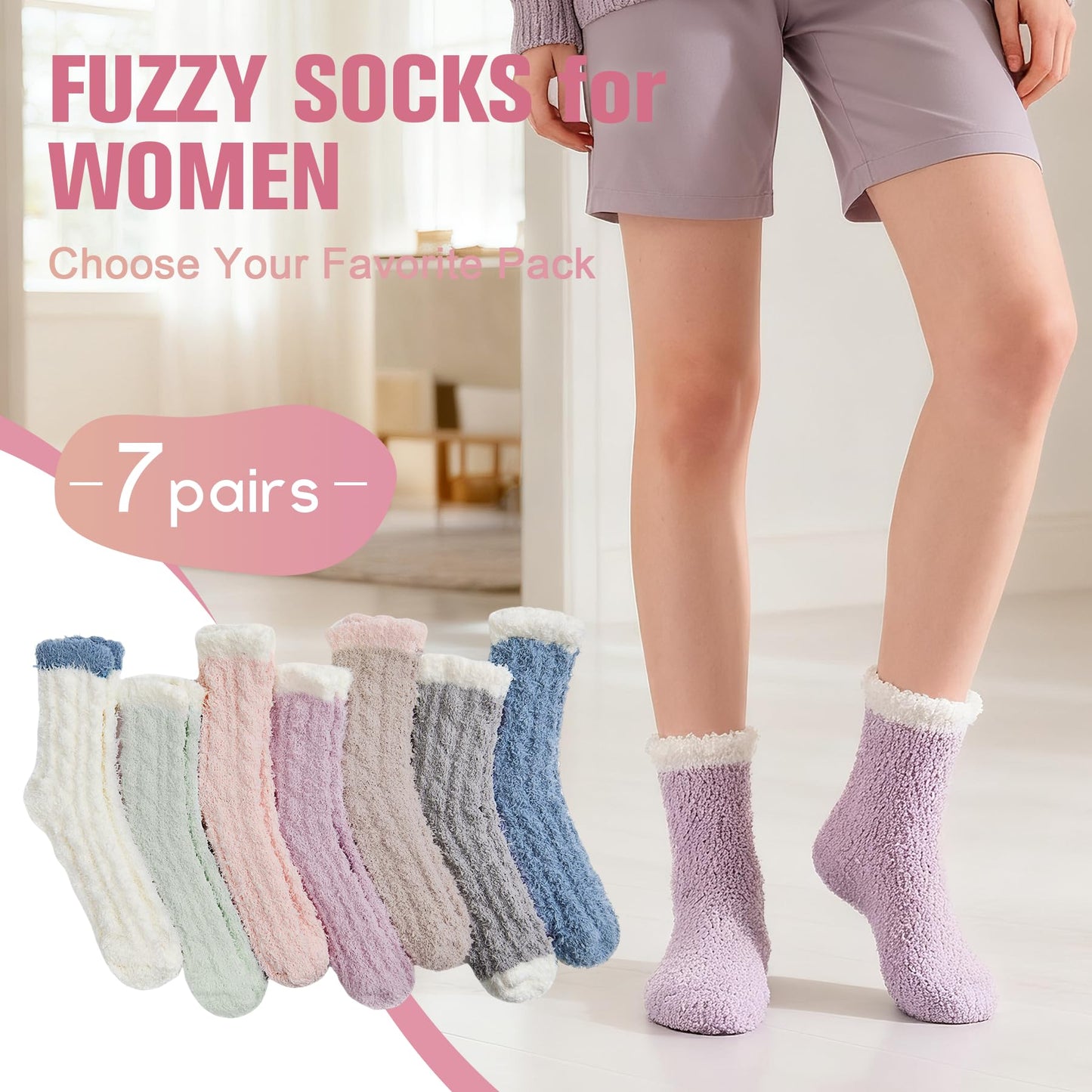 Azue Fuzzy Warm Slipper Socks Women Super Soft Microfiber Cozy Sleeping Socks 6 or 5 Pairs ((01) 7 Pairs Patchwork) - Medaid International