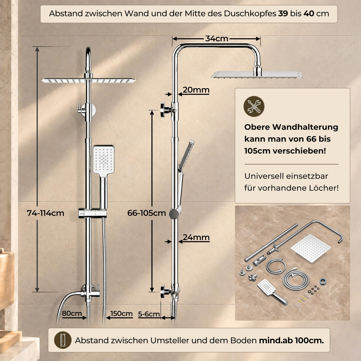 JOHO 304 Stainless Steel Shower Set Rain Shower System with Shower Head (Shower Set with Shower Head Square 20 x 20 cm)