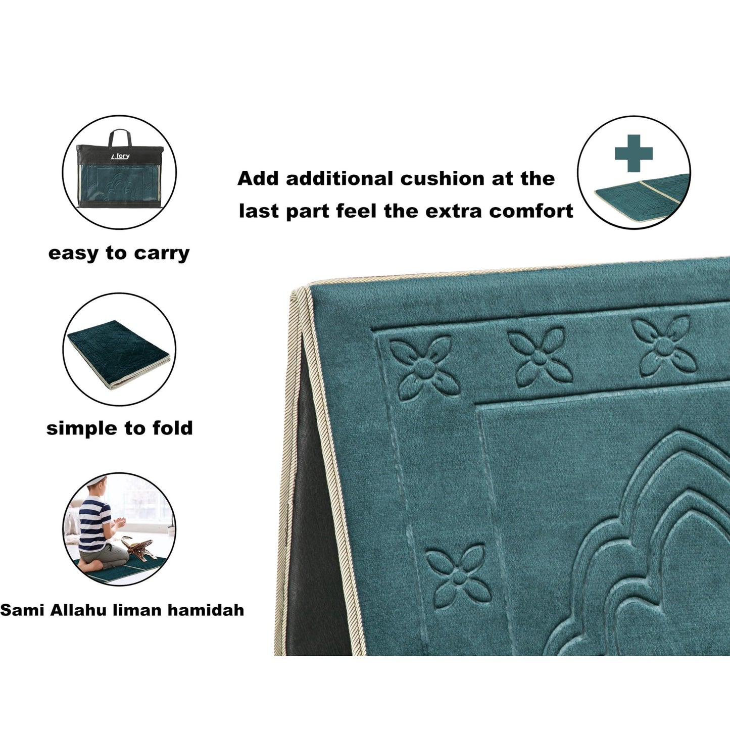 L.FORY Prayer Rug with Back Support/Foldable Meditation Floor Chair & Carrying Pocket (Dark Green) - Medaid International