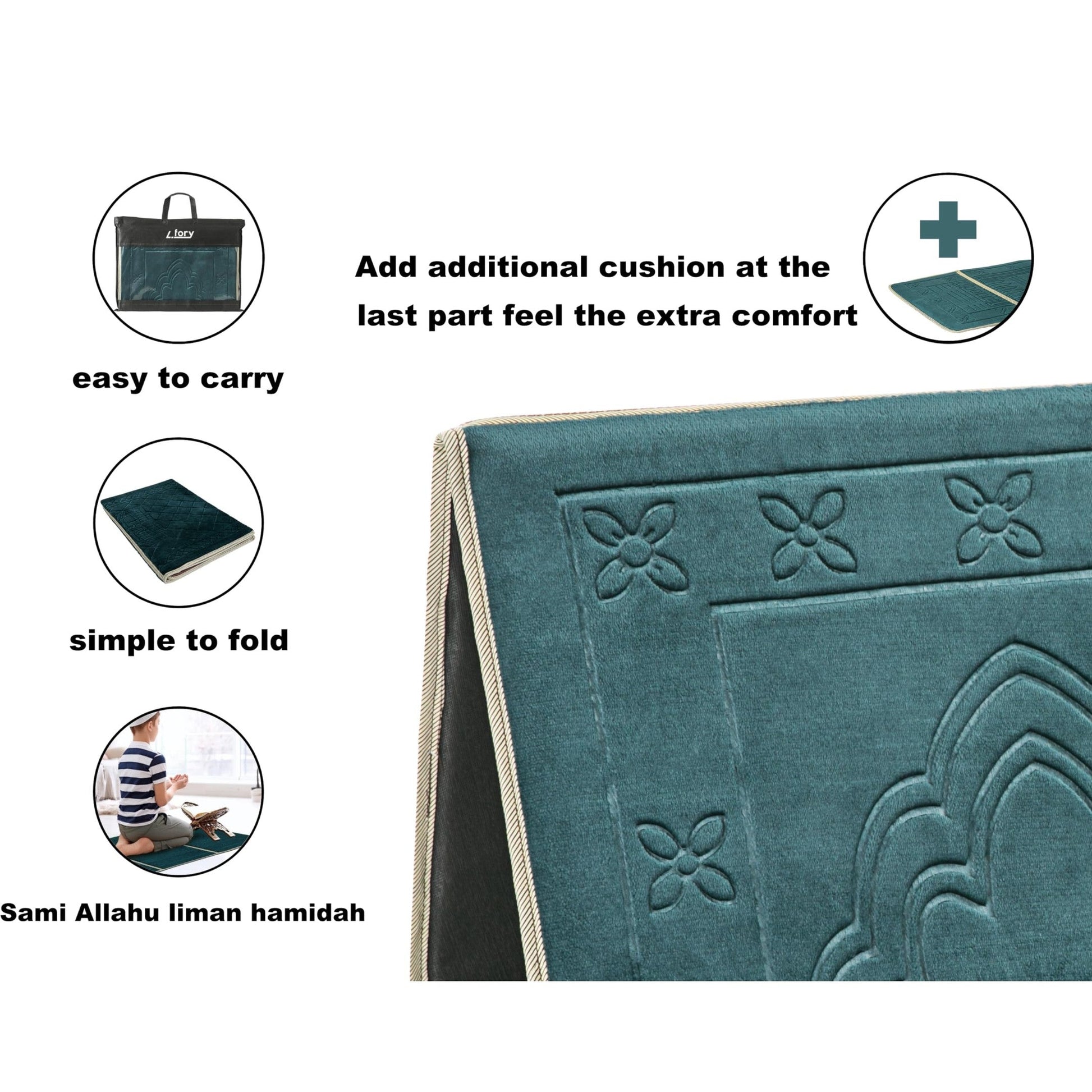 L.FORY Prayer Rug with Back Support/Foldable Meditation Floor Chair & Carrying Pocket (Dark Green) - Medaid International