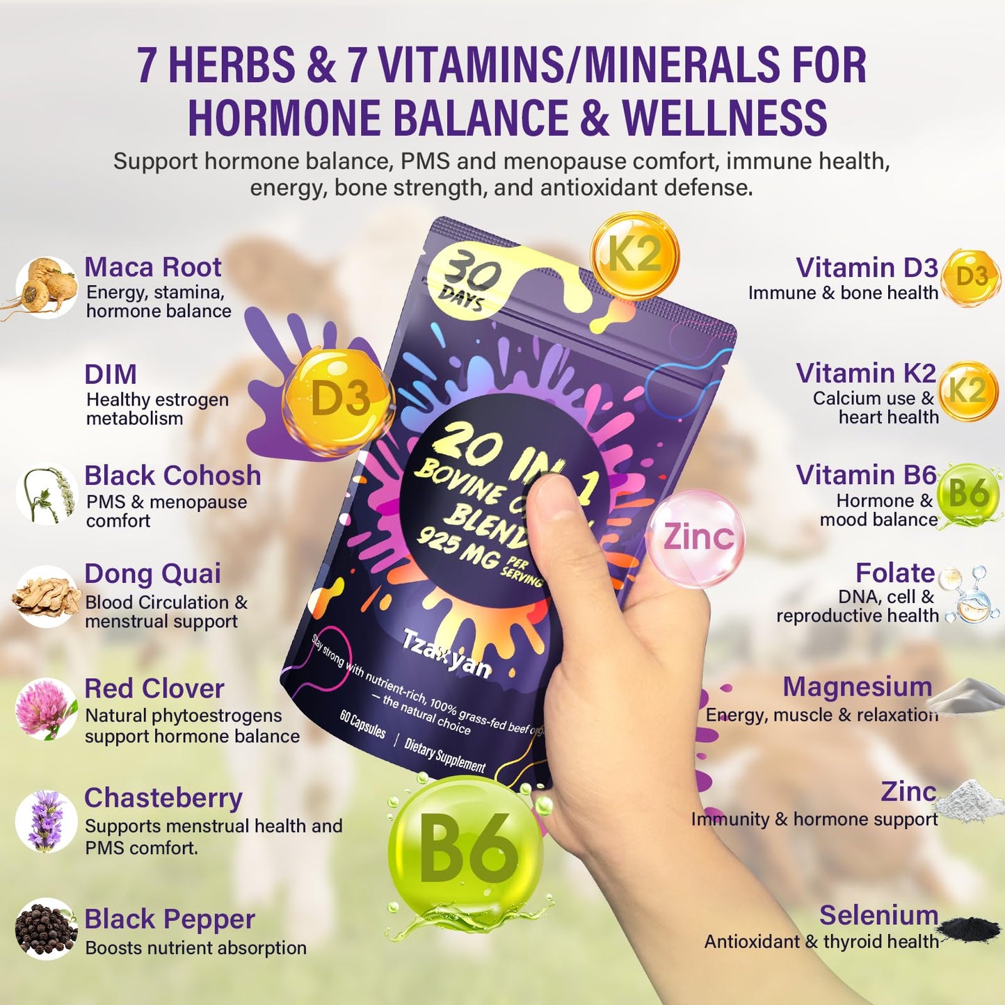 20-In-1 Beef Organ Supplement for Women, 925MG Grass Fed Beef Liver, Uterus, Ovary & 3 more with Maca, DIM, Black Cohosh, Vitamin & Mineral, Bovine organ Capsules for Hormone Balance, Energy, 30 Days - Medaid International