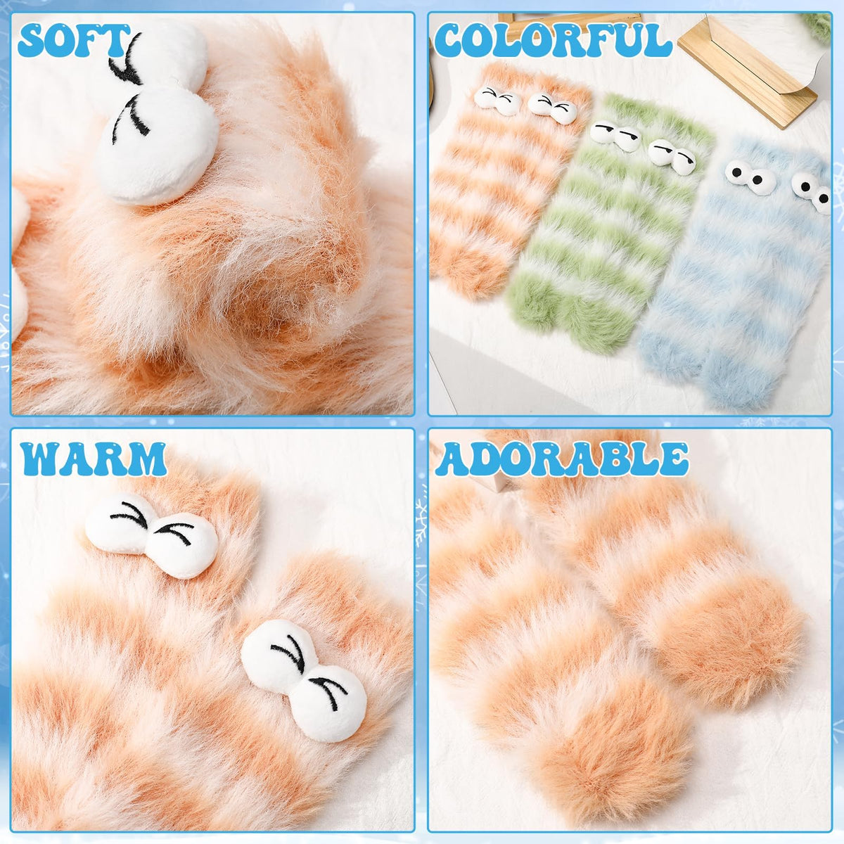 KASTWAVE 3 Pairs Fluffy Cartoon Monster Socks for Women, Cozy 3D Velvet Funny Sleep Cute & Quirky Warm Winter Socks for Halloween & Birthday, Foot Size 38-42
