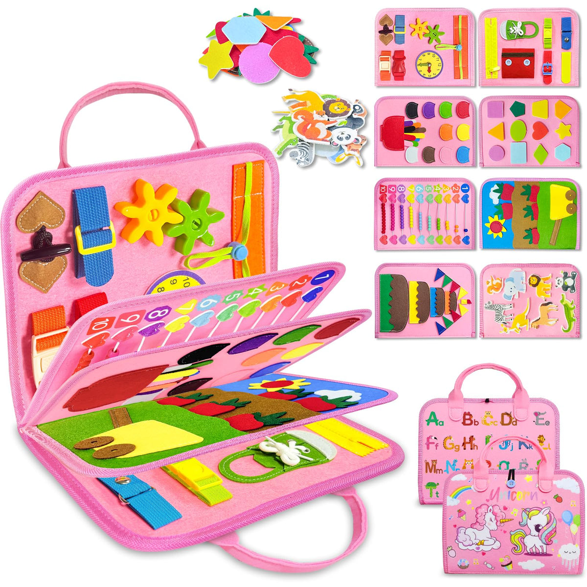 Exorany Busy Board Montessori Toys for 1 2 3 4 Year Old Girls & Boys Gifts, Sensory Toys for Toddlers 1-3, Autism Educational Travel Toys, Preschool Activities for Learning Fine Motor Skills (Pink)