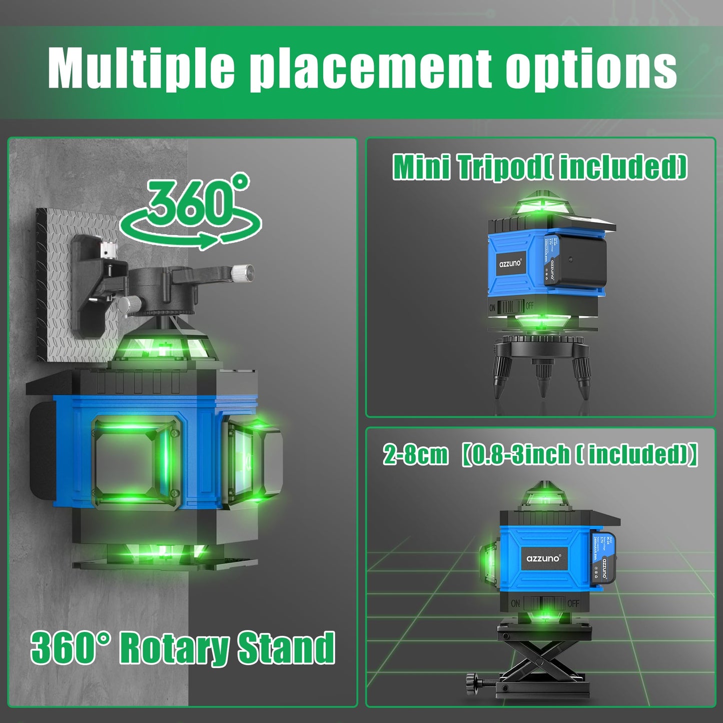 AZZUNO Laser Level 360 Self Leveling Green Beam with LCD Screen, 4x360 lazer leveler tool, Rechargeable Battery & Magnetic Base - Ideal for Construction, Tiling, Tool Gift - Medaid International