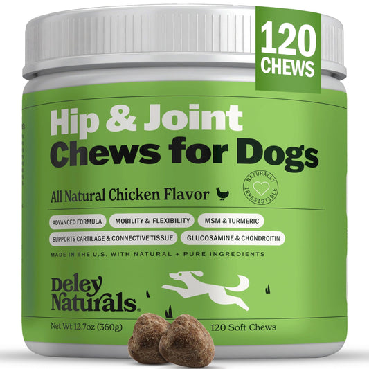 Deley Naturals Dog Hip and Joint Supplement - Glucosamine Chondroitin MSM & Collagen for Dogs - Smaller Chews, Fewer Calories, Same Active Ingredients for Hip & Joint Care - 120 Chicken Flavor Chews
