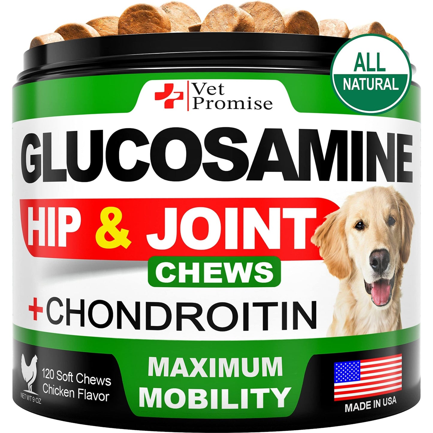 Vet Promise Glucosamine for Dogs - Hip and Joint Supplement for Dogs - Glucosamine Chondroitin - Joint Pain Relief Pills - MSM - Advanced Health Support Supplement - 120 Mobility Chews - Made in USA