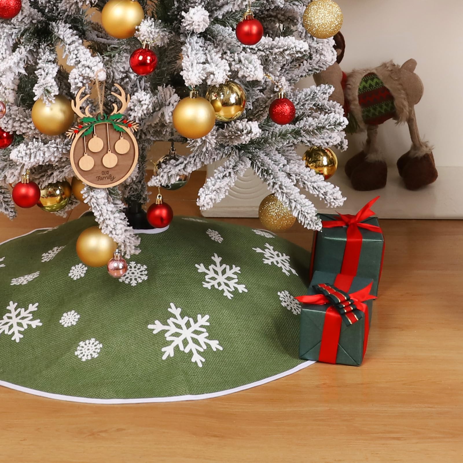 MACTING Christmas Small Tree Skirt, 30 Inch Green Burlap Tree Mat with White Snowflake Printed for 5FT Xmas Tree Farmhouse Holiday Party Indoor Home Decorations - Medaid International