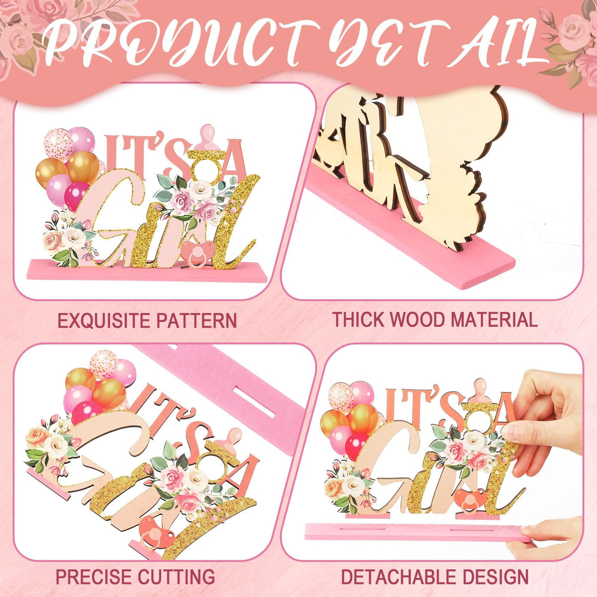 KASTWAVE 6 Pcs Floral Baby Shower Table Centerpieces, Wooden Baby in Bloom Decorations with Pink Rose Gold Letters, It's a Girl Gender Reveal Party Supplies, Summer Birthday Photo Props