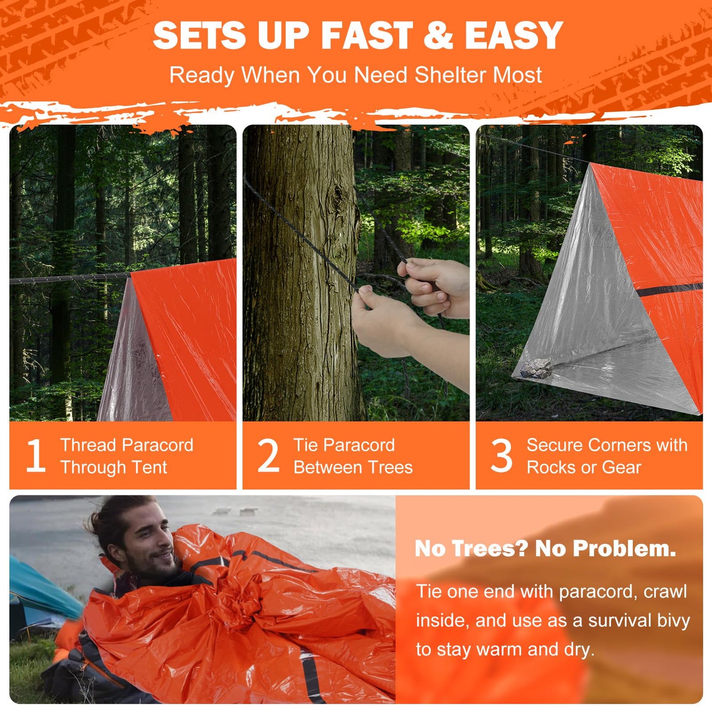 Life Emergency Tent Survival Shelter - 2 Person Mylar Emergency Shelter Tube Tent with Emergency Whistle & Paracord, All-Weather Survival Gear for Camping, Hiking & Survival Kits
