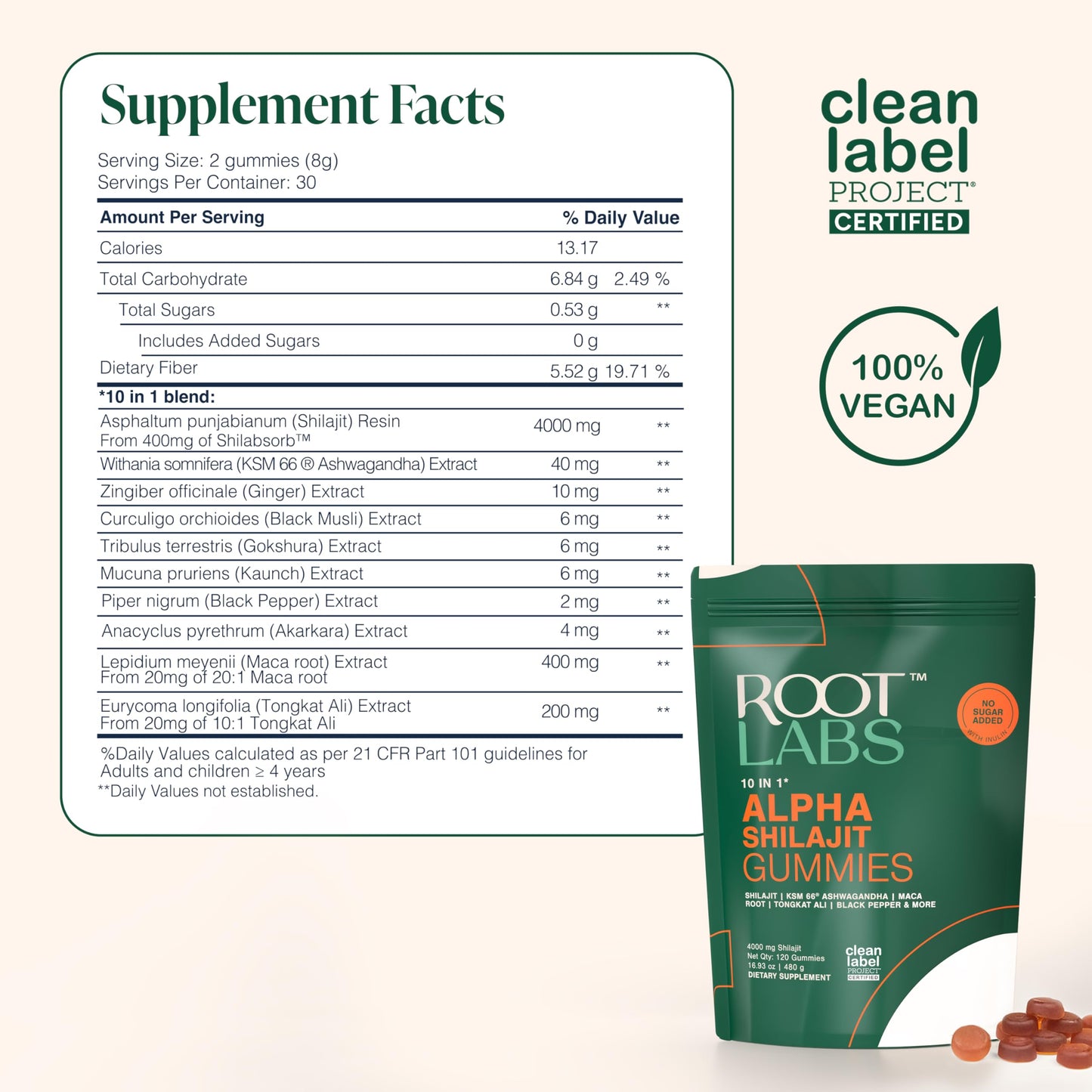 ROOT LABS 10-in-1 Alpha Shilajit Gummies | 4000 mg Pure Himalayan Shilajit, Tongkat Ali, Maca Root, 75% Fulvic Acid | ShilAbsorb Bioavailability Tech | Sugar-Free Vegan, 85+ Trace Minerals | 120 Pack - Medaid International
