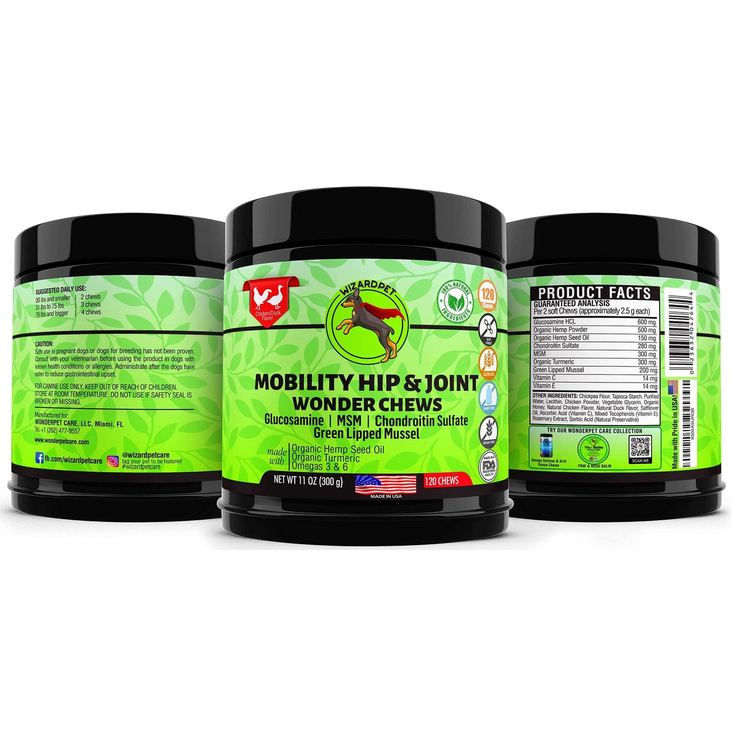 WIZARDPET Advanced Hemp Hip and Joint Supplement for Dogs Hemp Oil Glucosamine Chondroitin for Dog Omegas Turmeric MSM Green Lipped Mussel Made in USA Treats Support Mobility 120 Chews
