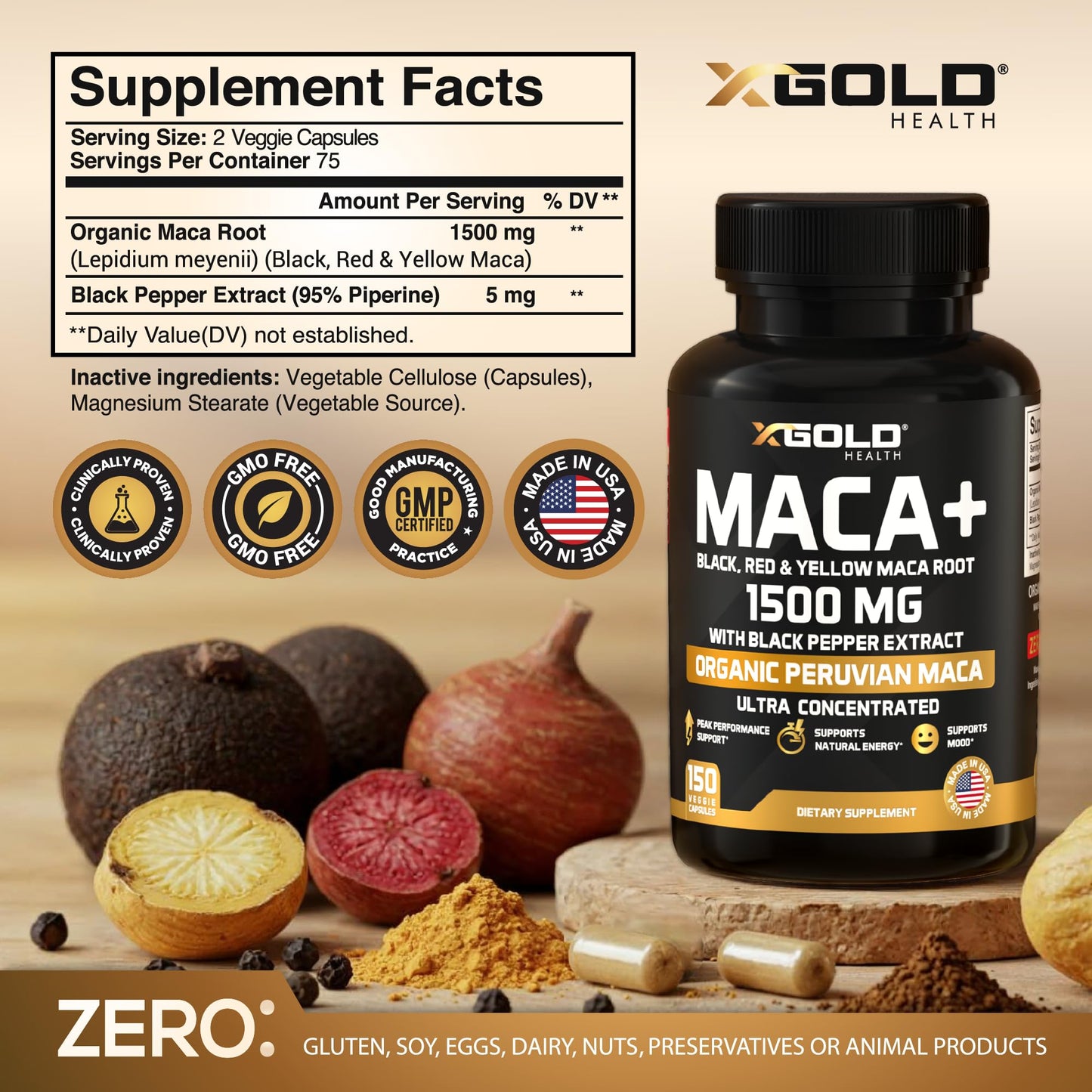 X Gold Health Organic Maca Root Powder Capsules 1500mg with Black | Red & Yellow Peruvian Maca Root Extract Gelatinized, Energy & Mood Supplement for Men & Women + Black Pepper for Best Benefits - Medaid International