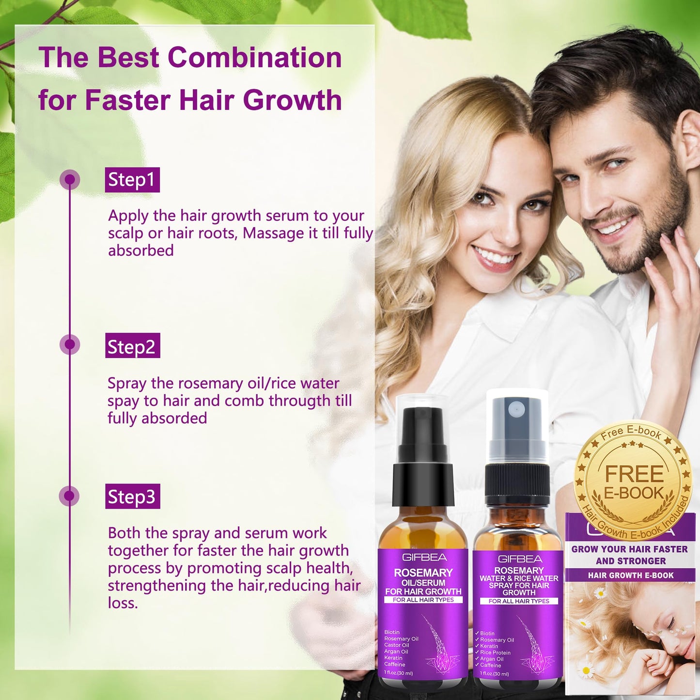 Rosemary Oil Hair Growth Serum W/Rosemary Water & Rice Water Spray Hair Growth,Biotin Castor Oil Argan Oil Caffeine Keratin Reduce Hair Loss,Restore Dry Damaged Hair Regrowth Treatments for Women Men - Medaid International
