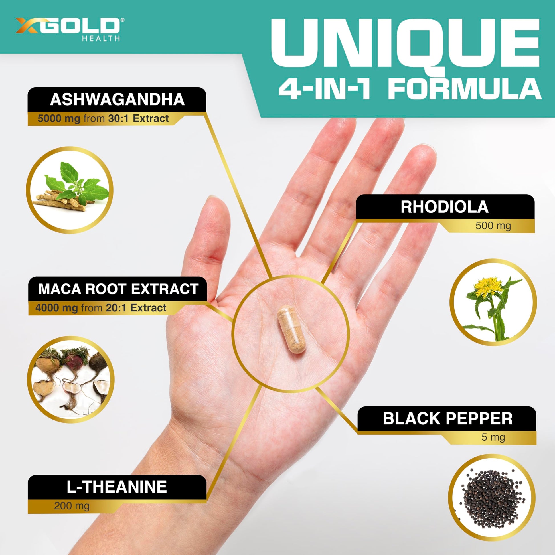 Ashwagandha 5,000mg + Maca Root Black, Red, Yellow 4,000mg, Rhodiola & L-Theanine: 30:1 Extract Ashwagandha Capsules, 20:1 Extract Maca Root Capsules - Supplement for Men and Women - Medaid International