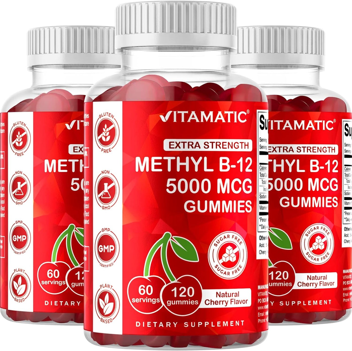 Vitamatic Extra Strength Vitamin B12 5000 mcg (Methyl B12) Gummies - 120 Count - Energy Metabolism Support and Nervous System Health Support, Natural Cherry Flavored (1) - Medaid International