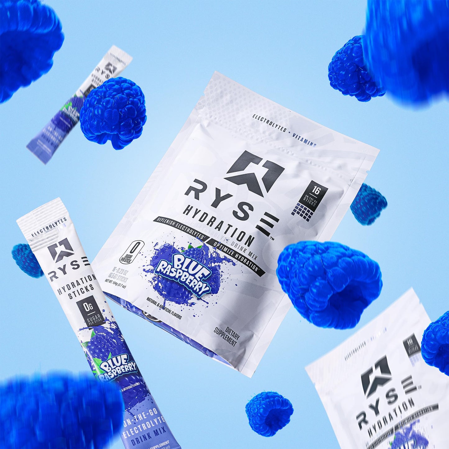 RYSE Hydration Electrolyte Powder Drink Mix Packets - Blue Raspberry - Sugar-Free Full Spectrum Electrolytes with Essential Vitamins, Taurine and Choline for Rehydration - 16 Serving Sticks - Medaid International