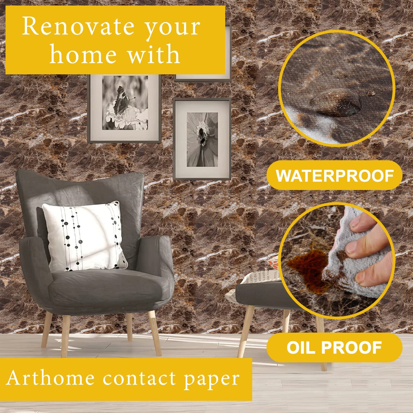 Arthome Brown Marble Paper,15.7x122 inch Self Adhesive Wallpaper Waterproof PVC Vinyl, Oil Proof, Vinyl Paper for Furniture Cover Surface,Countertop,Kitchen,Shelf Liner - Medaid International