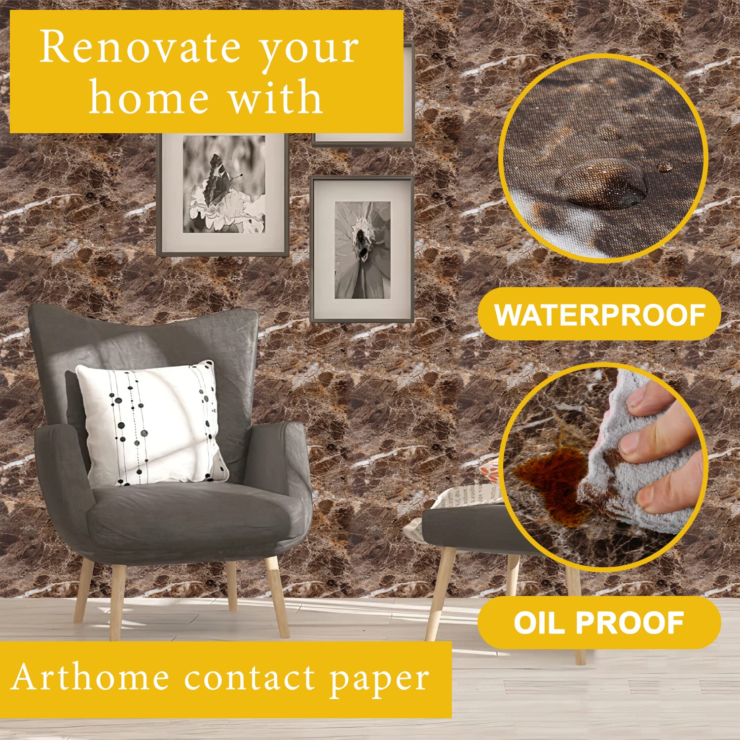 Arthome Brown Marble Paper,15.7x122 inch Self Adhesive Wallpaper Waterproof PVC Vinyl, Oil Proof, Vinyl Paper for Furniture Cover Surface,Countertop,Kitchen,Shelf Liner - Medaid International