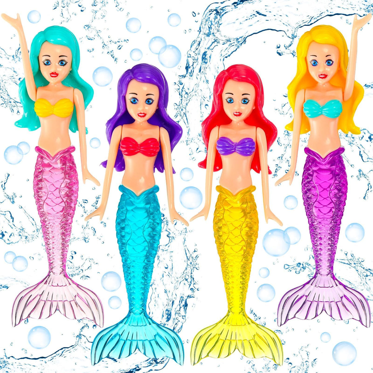 Mermaid Dive Bath Toys 4 Pieces, Colorful Pool & Swimming Toys for Boys, Girls, Teens, Adults, Classic Style Water Play Toys for Bathtub, Beach, and Pool Games