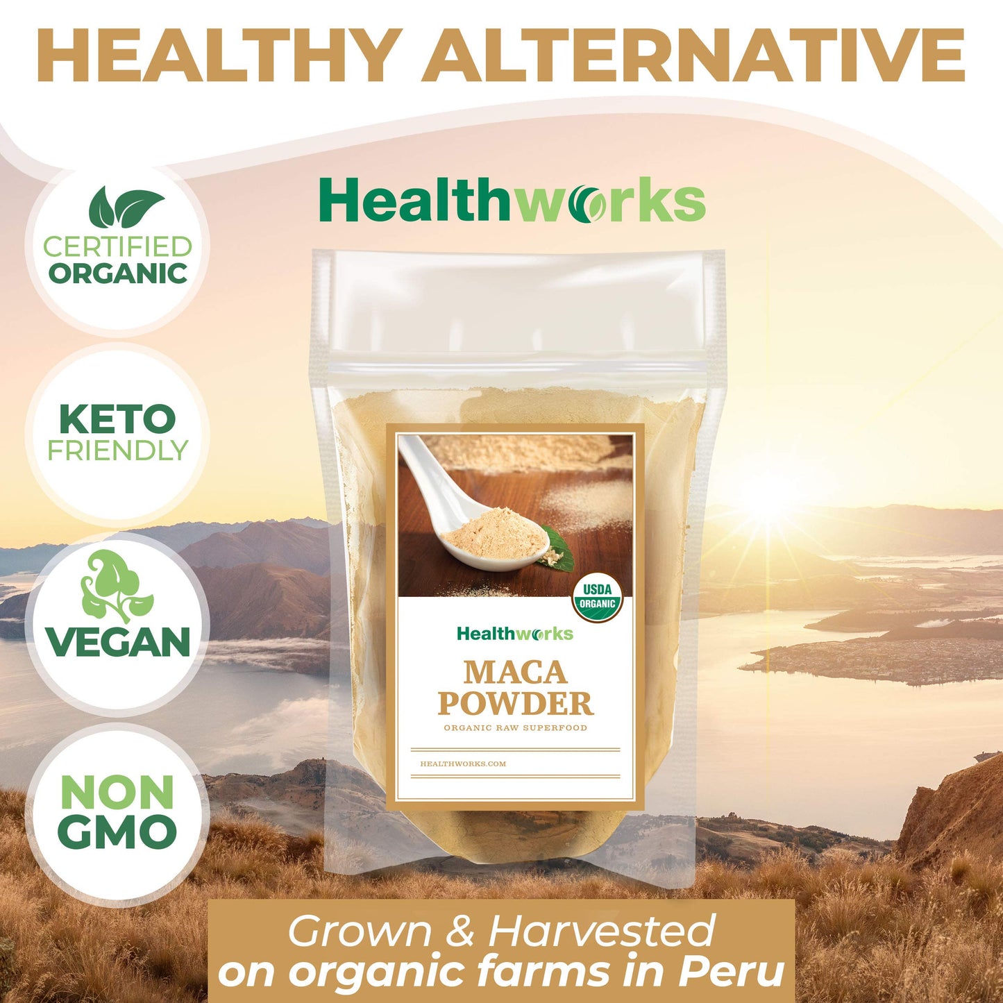 Healthworks Superfoods Organic Maca Powder Raw - 32 Oz / 2 Lbs - Certified Organic Flour Use - Keto, Vegan & Non-GMO - Premium Peruvian Origin - Breakfast, Smoothies, Baking & Coffee - Antioxidant - Medaid International
