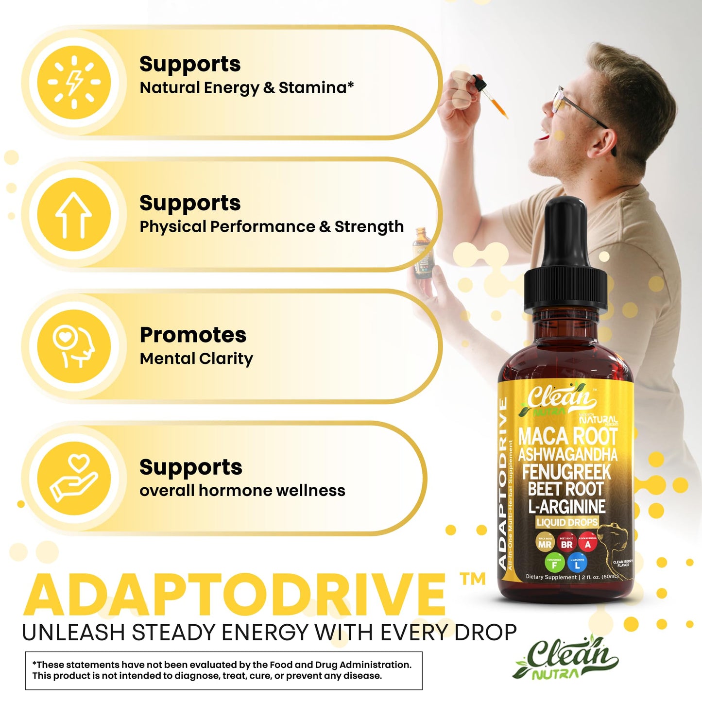 Clean Nutra Organic Maca Root Liquid Drops with Ashwagandha, Fenugreek, Beet Root and L-Arginine Liquid Multivitamin for Women and Men - Adapto Drive - Medaid International