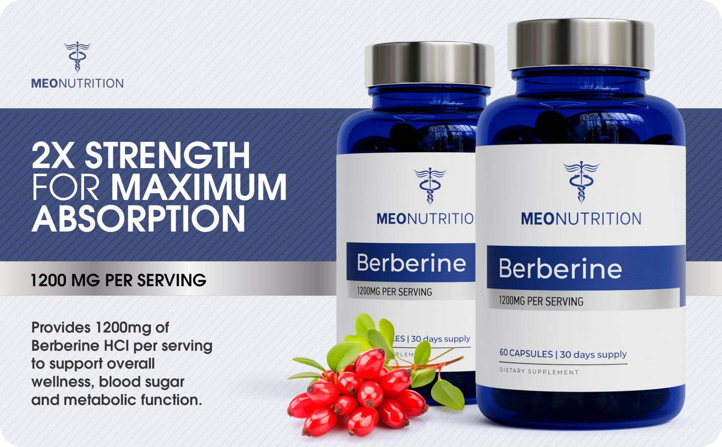 Meo Nutrition Berberine Supplement 1200mg HCI - 60 Capsules, 3rd Party Lab Tested, Non-GMO, GMP Certified - Supports Metabolic Health & Overall Wellness - Medaid International