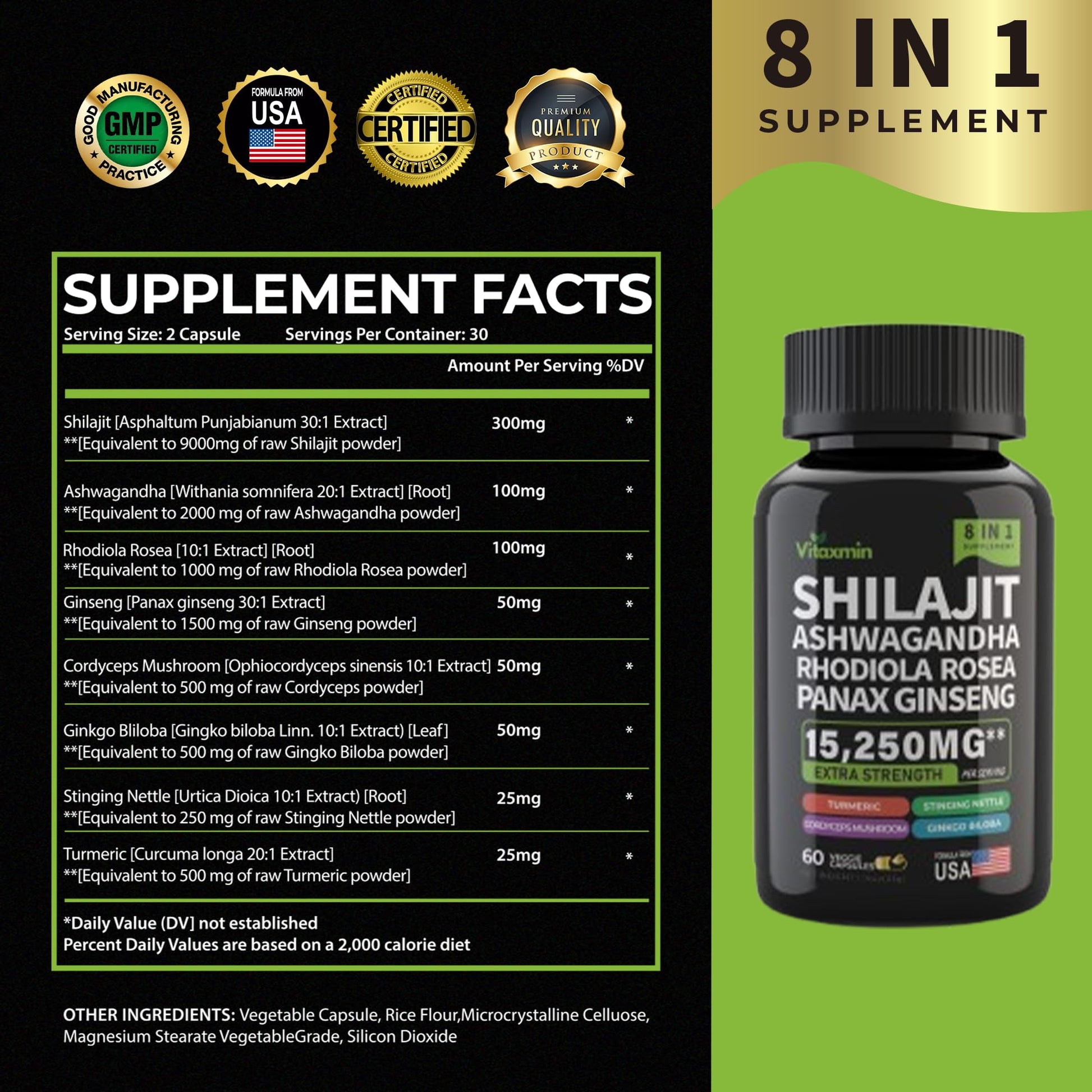Shilajit and Ashwagandha Capsules, 8-in-1 Herbal Multivitamin for Men and Women, with Rhodiola Rosea, Ginseng, and Stinging Nettle, Shilajit for Men and Women - Medaid International