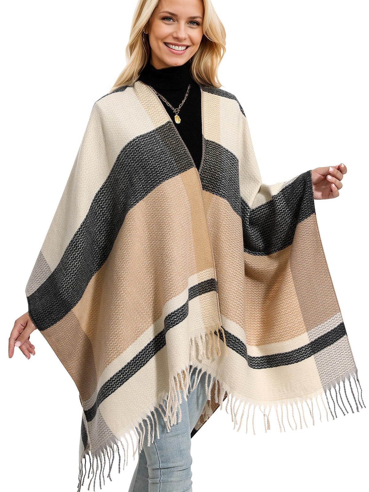 KASTWAVE Knit Shawl Wraps for Women, Wraps Oversized Winter Scarf, Warm Poncho Sweater, Warm Wearable Tassels Open Front capes, Travel Birthday Gifts for Winter Fall