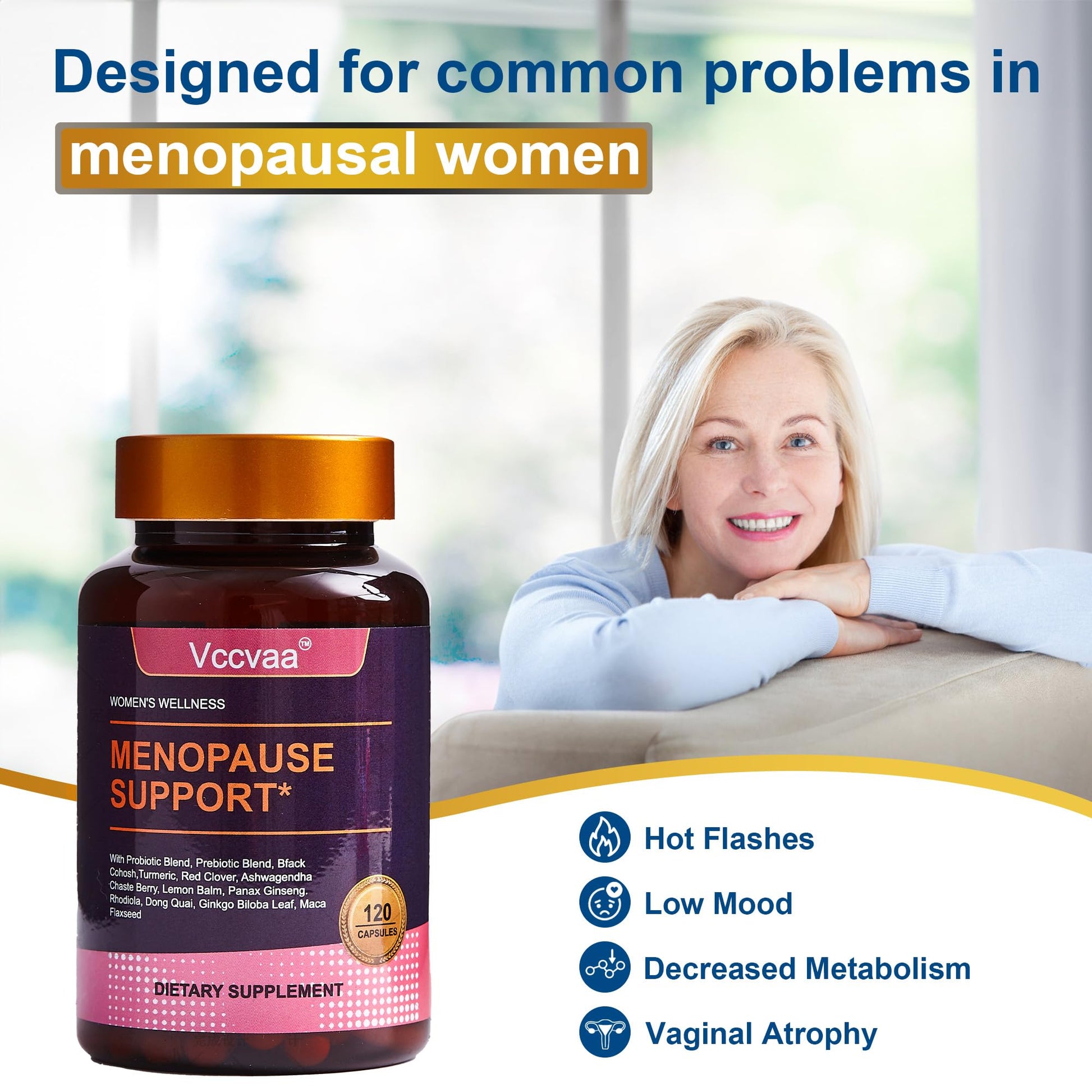 Vccvaa 40-in-1 Menopause Support for Women – Hormonal Balance, Hot Flash & Mood Relief – Black Cohosh, DIM, Maca, Red Clover, Probiotics, B6, D3 & More – Vegan, 120 Capsules - Medaid International