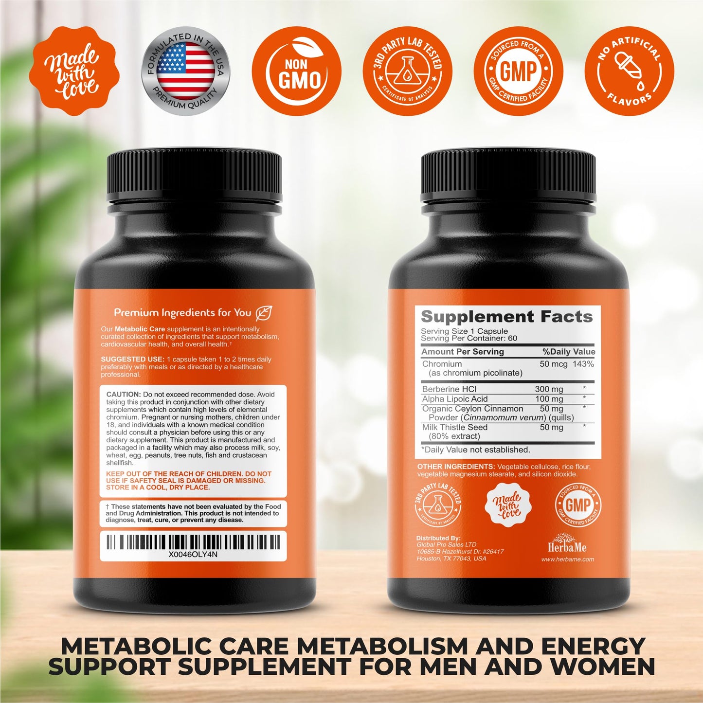 HerbaMe Berberine Supplement with Ceylon Cinnamon, Chromium, Alpha Lipoic Acid, Metabolic Care Supports Metabolism & Cardiovascular Health and Immune System, Helps Maintain Steady Energy Levels - Medaid International