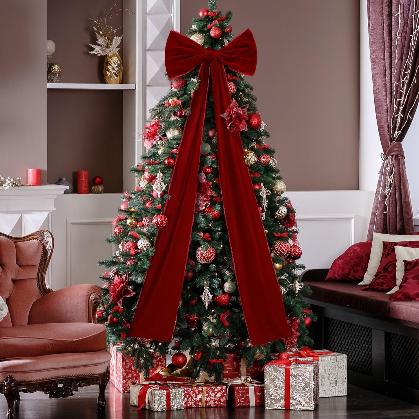 Knitgrip Extra Large Christmas Tree Topper Bows 15.7 x 47.2 Inches Giant Burgundy Christmas Velvet Decorative Bows with Long Streamers for Xmas Tree Wreath Party Holiday Farmhouse Home Decorations - Medaid International