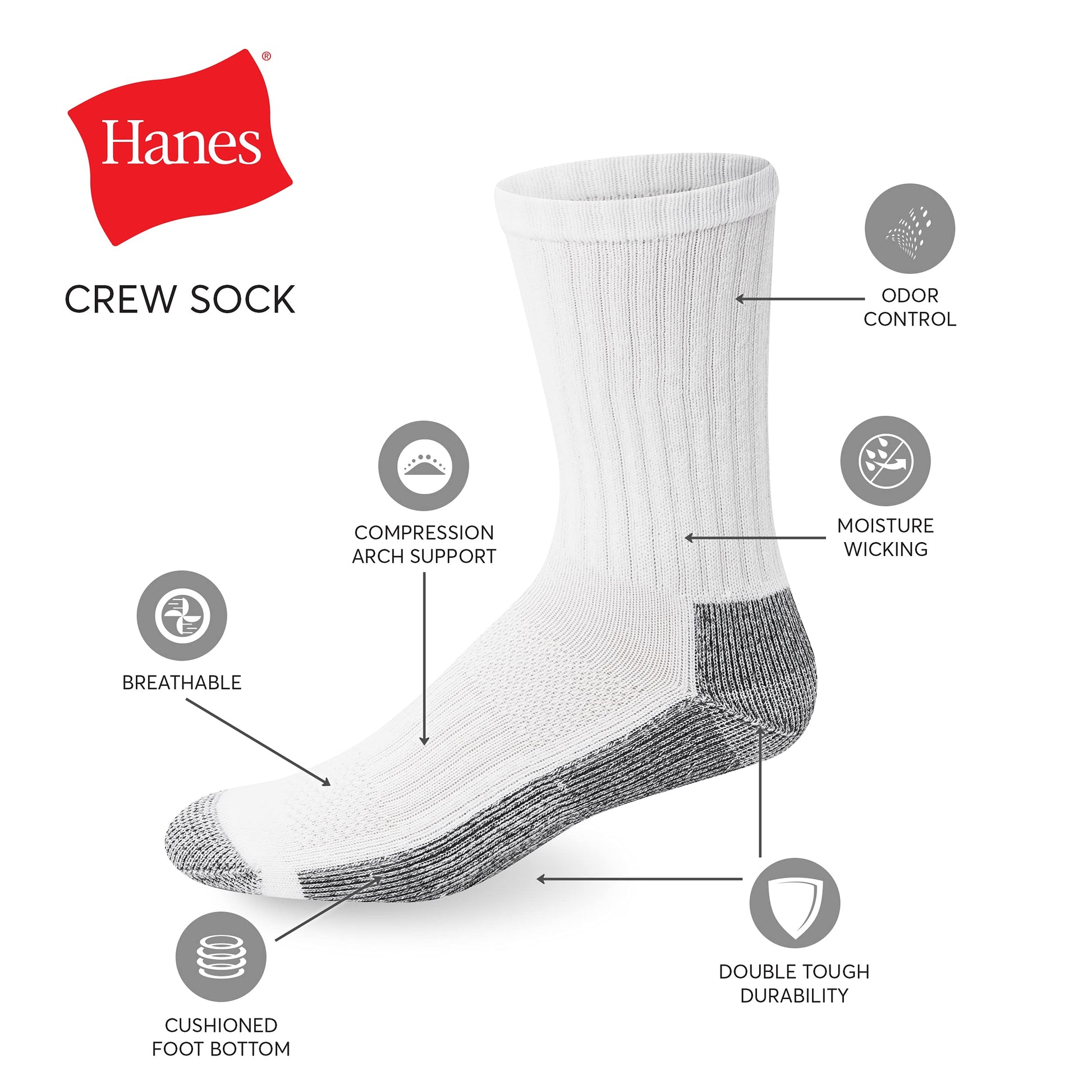 Hanes mens Crew Socks, 6-pair Pack Work Sock, White, 6 12 US - Medaid International