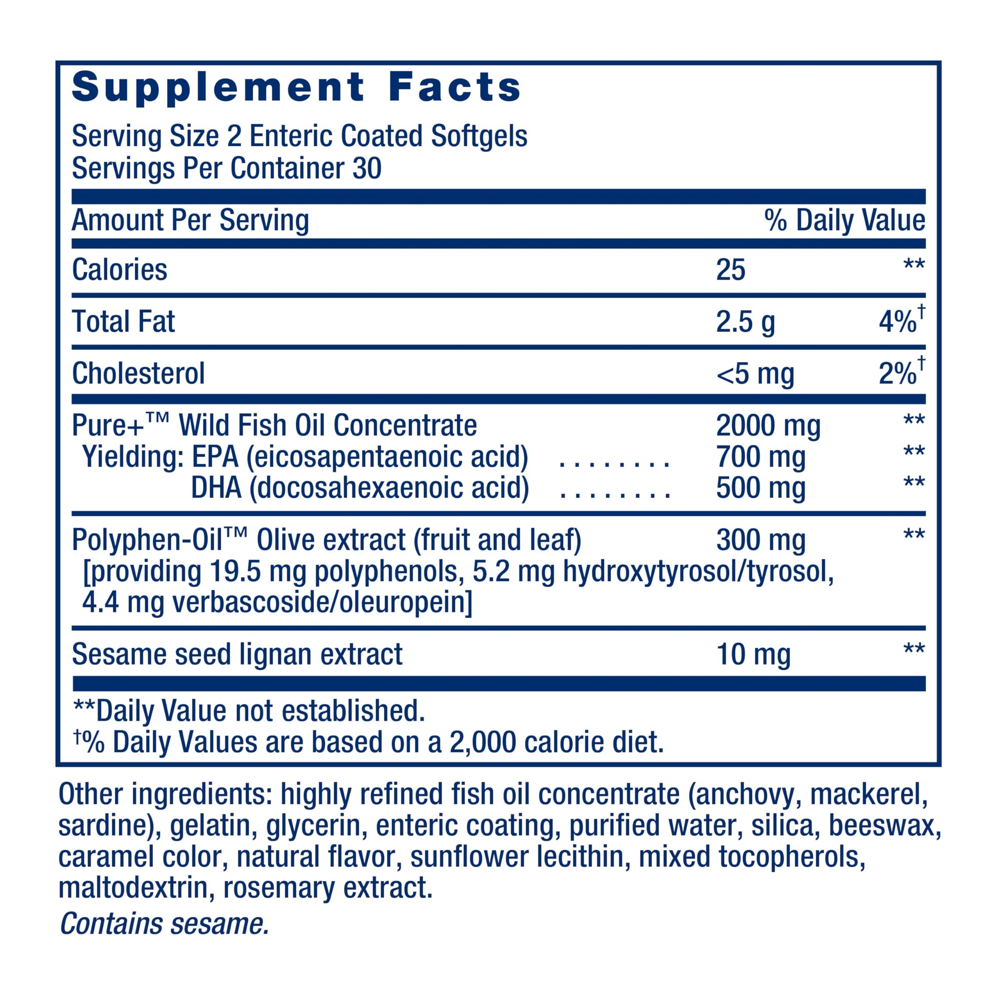 Life Extension Super Omega-3 EPA/DHA Fish Oil, Sesame Lignans & Olive Extract – Heart Health, Brain Health, Inflammation Health Support, Gluten-Free, Enteric-Coated, Non-GMO, 60 Softgels - Medaid International