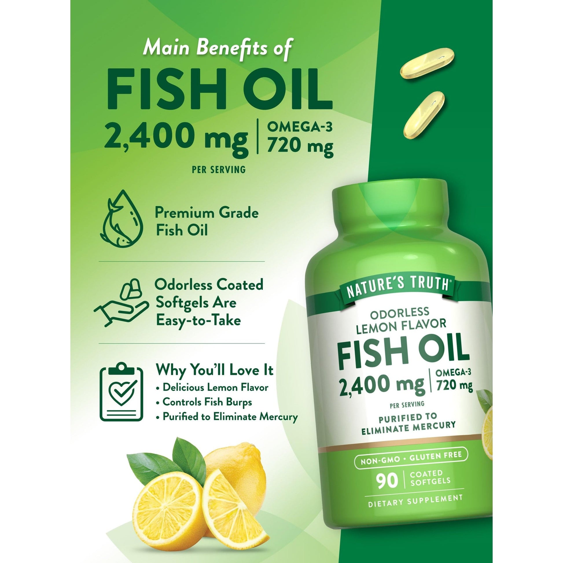 Nature's Truth Fish Oil Omega 3 Supplement | 2400mg | 90 Softgels | Lemon Flavor | Odorless | Non-GMO & Gluten Free - Medaid International