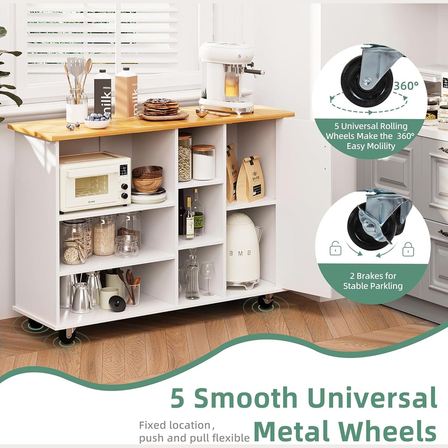 Shintenchi Kitchen Island Cart with Storage,Rolling Kitchen Island Storage Cabinet,Side Table on Wheels with Worktop,3 Open Shelves and 3 Drawers for Kitchen,Dinning Room, White - Medaid International